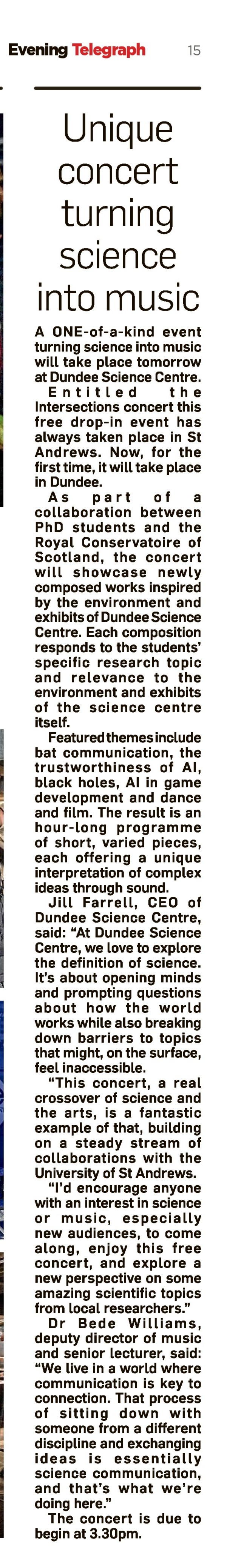 Evening telegraph article on the Intersections concert